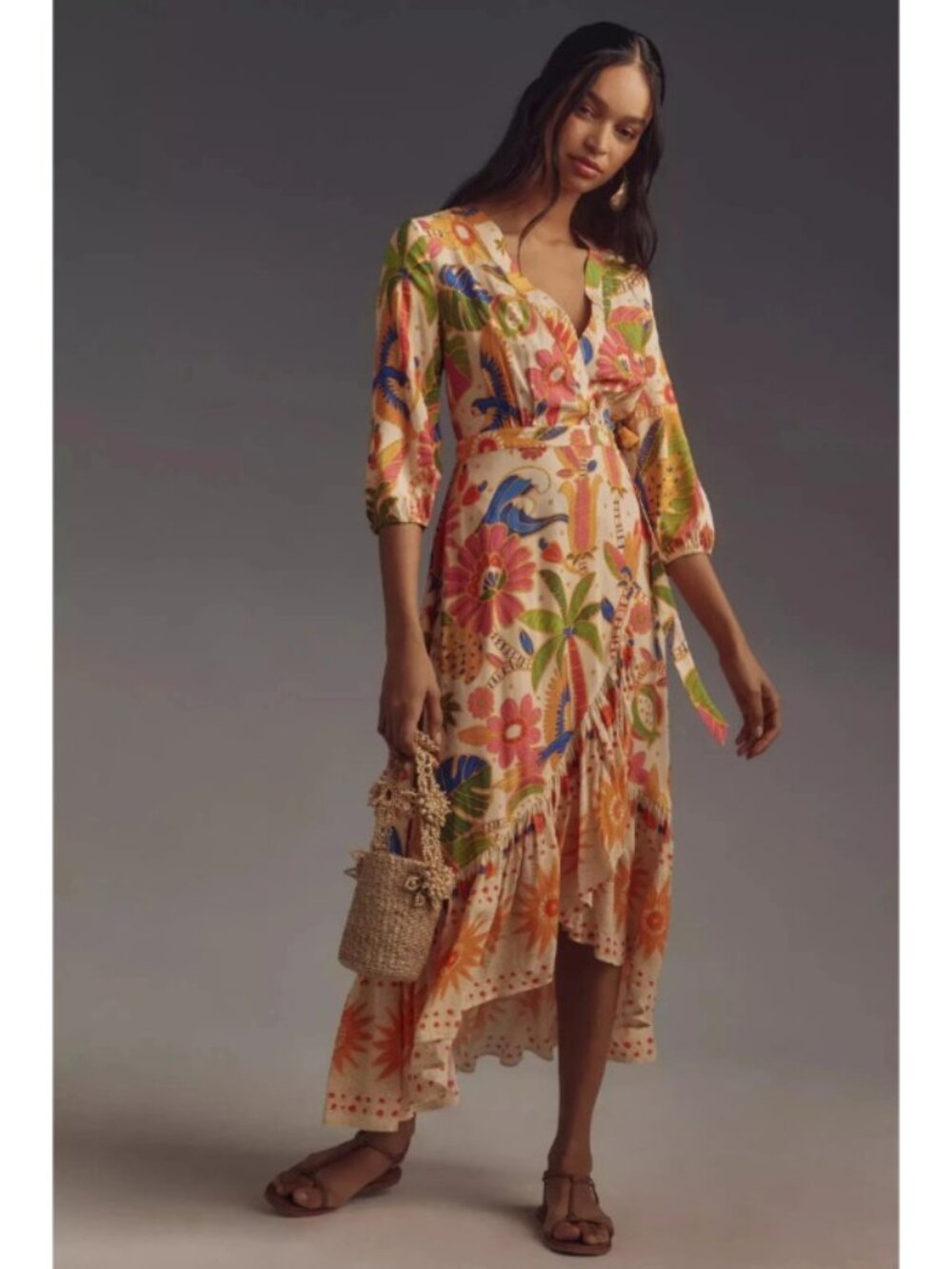 Anthropologie Farm Rio Long-Sleeve V-Neck Wrap Midi Dress Sz Small